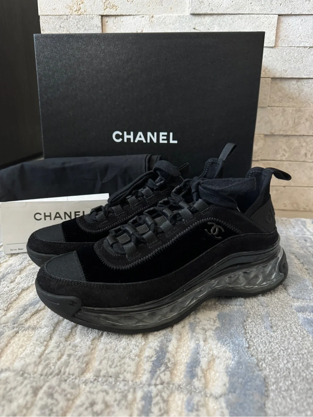 Chanel Black Velvet & Suede Sneakers CC Logo and Clear Quilted Heel
